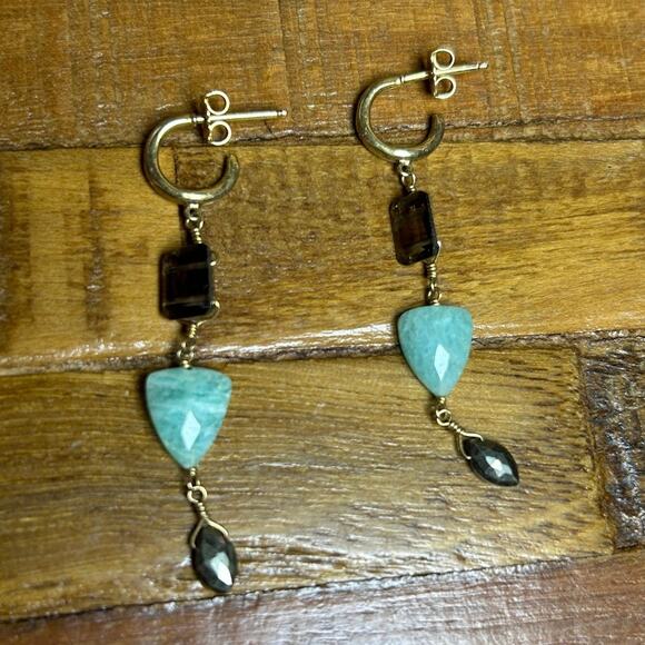 Gold Over Sterling Earrings w/ Amazonite, Smoky Quartz & Hematite - Picture 1 of 4